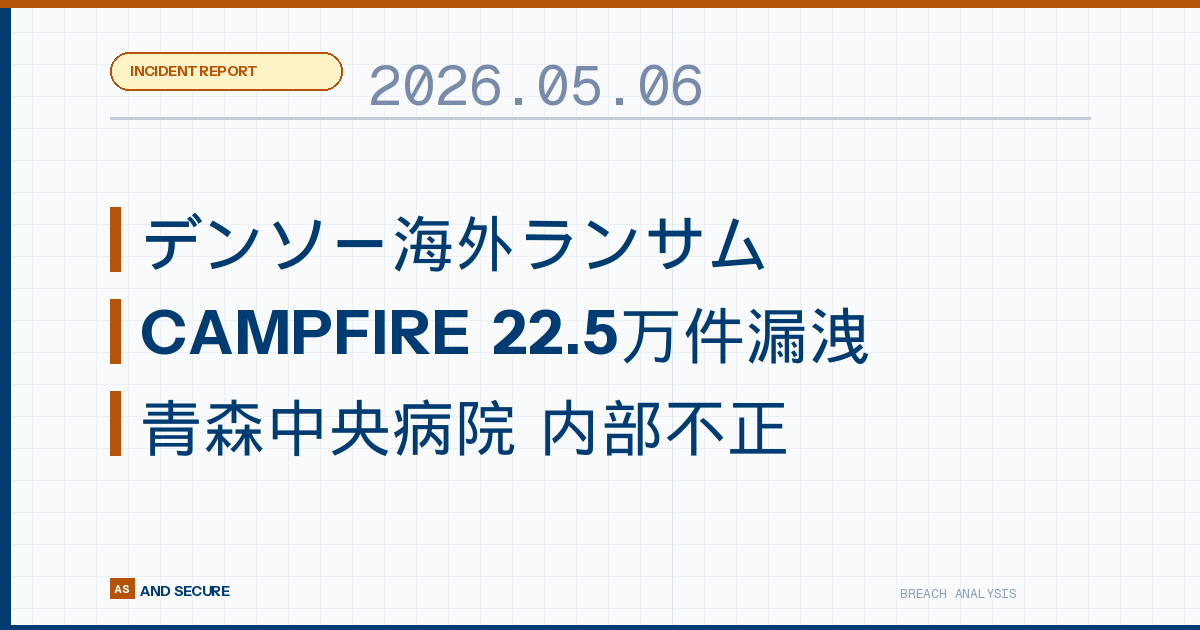 【インシデント速報】2026年5月6日｜デンソー海外ランサム・CAMPFIRE 22.5万件漏洩・青森中央病院 内部不正