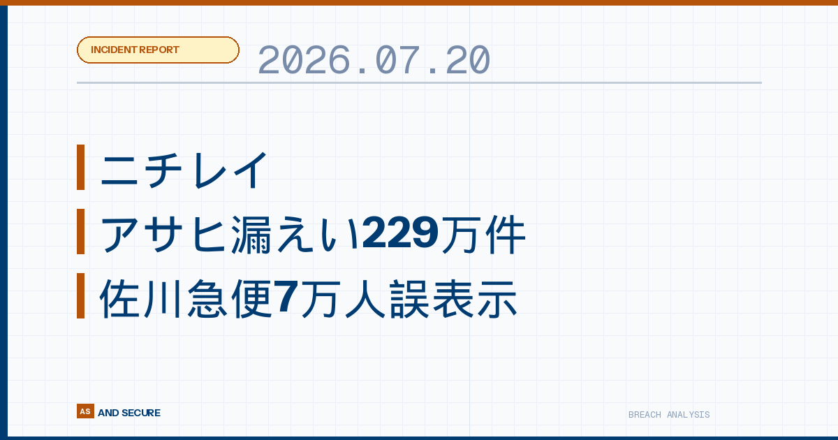 【インシデント速報】2026年7月18日｜ニチレイにサイバー攻撃・アサヒ漏えい229万件・佐川急便7万人誤表示