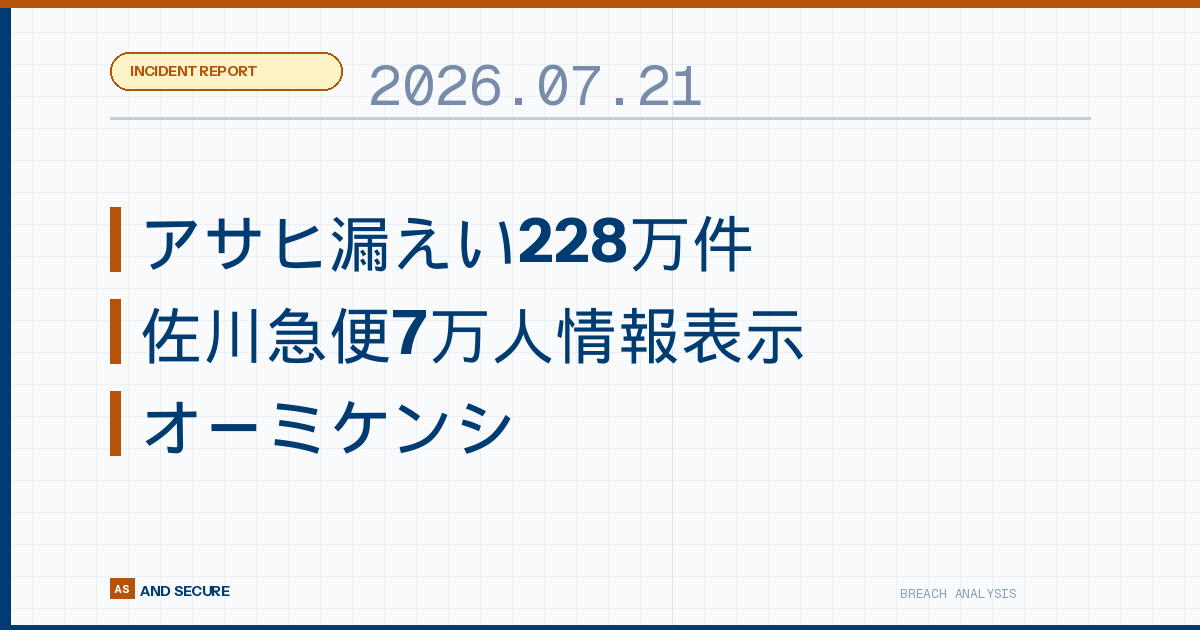 【インシデント速報】2026年7月21日｜アサヒ漏えい228万件・佐川急便7万人情報表示・オーミケンシがデータ送信確認