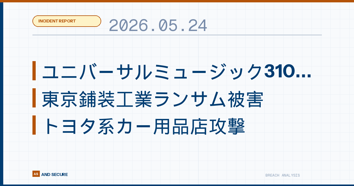 【インシデント速報】2026年5月24日|ユニバーサルミュージック310万件流出・東京鋪装工業ランサム被害・トヨタ系カー用品店攻撃