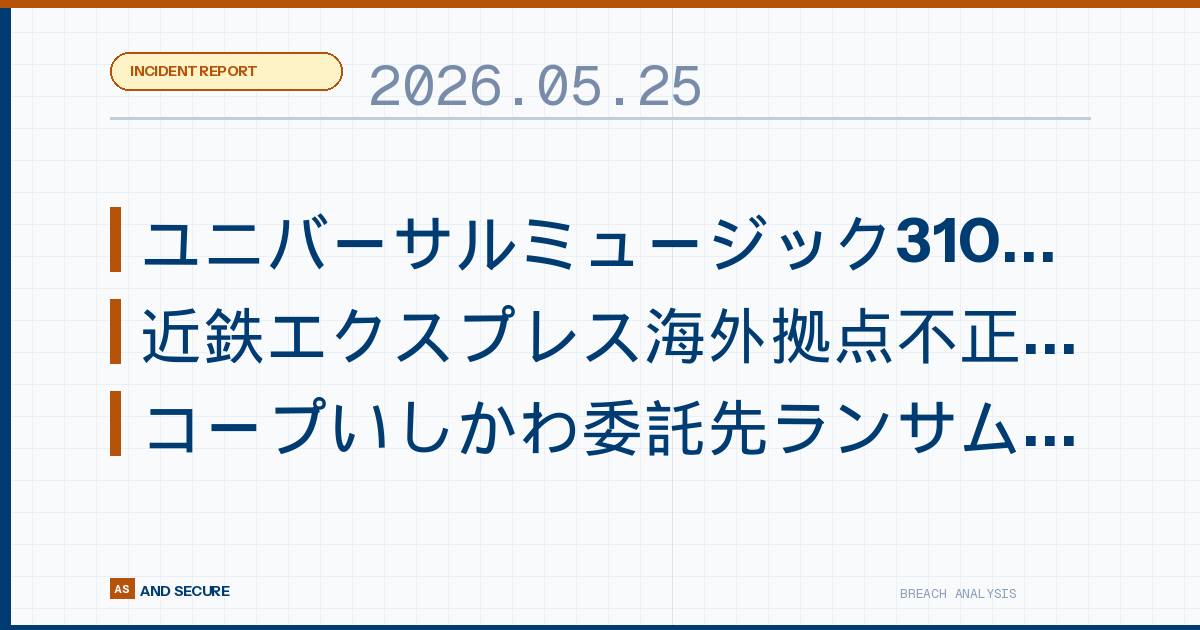 【インシデント速報】2026年5月25日｜ユニバーサルミュージック310万件流出・近鉄エクスプレス海外拠点不正アクセス・コープいしかわ委託先ランサムウェア